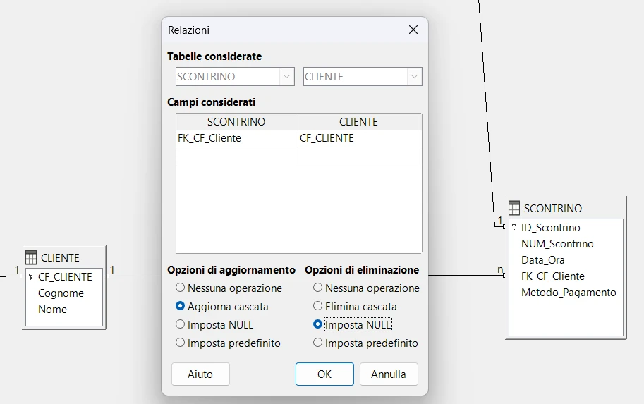 Dialog Relazioni SCONTRINO–CLIENTE con Imposta NULL